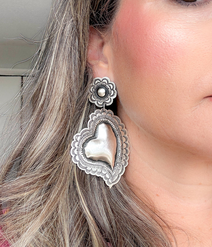 Navajo Large Silver Heart Earrings
