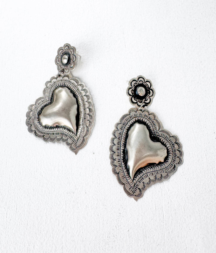 Navajo Large Silver Heart Earrings