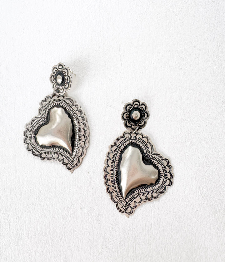 Navajo Large Silver Heart Earrings