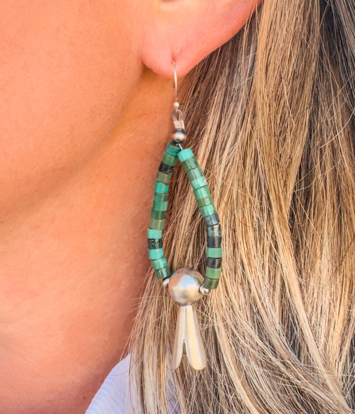 Green Turquoise Bead Earrings with Silver Blossom