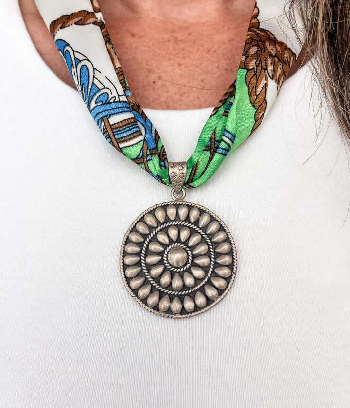 Silver Medallion Pendant Scarf Necklace