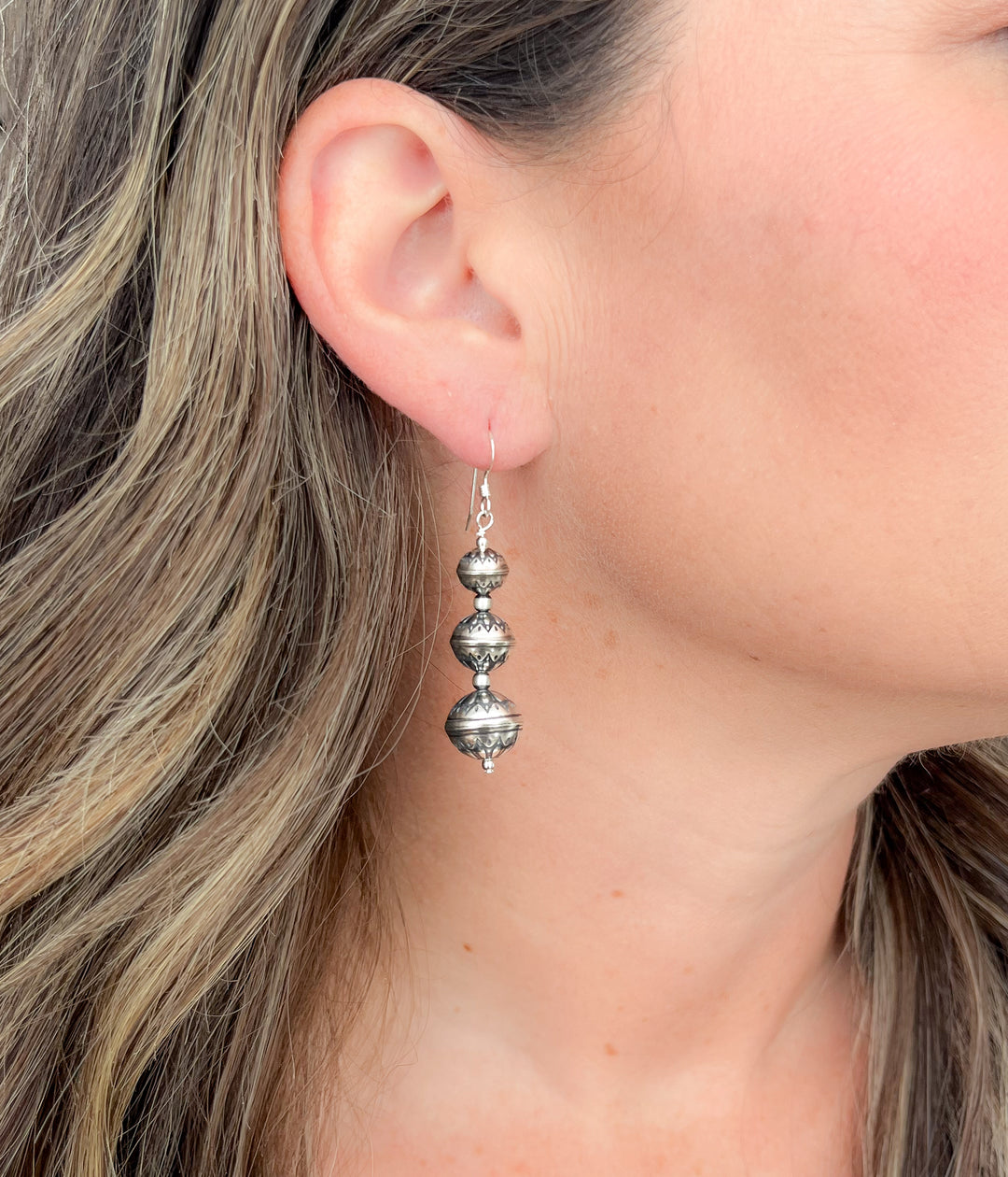 Triple Drop Stamped Pearl Earrings