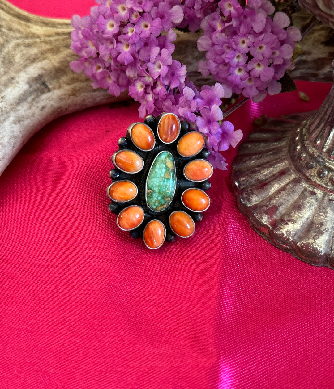 Isleta Authentic Spiny and Turquoise Ring by Navajo Artists