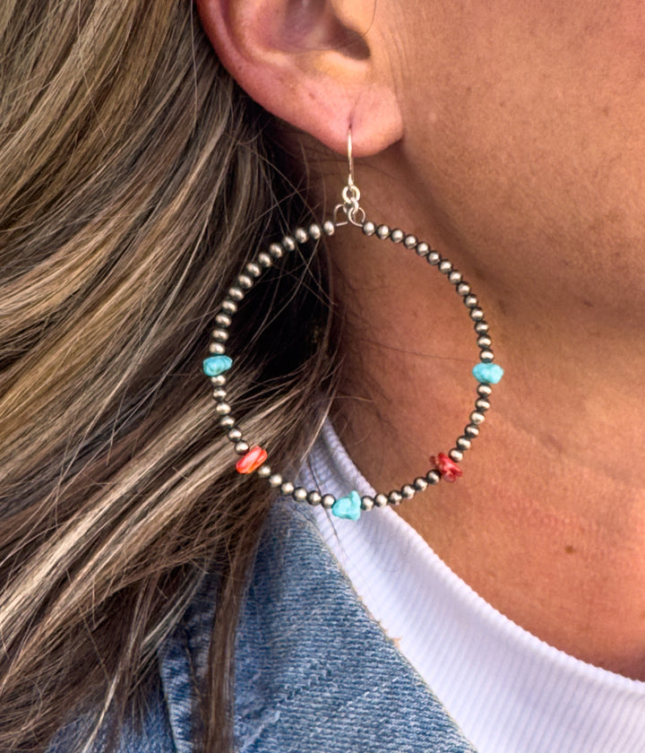 Navajo Pearl Hoop Earrings with Turquoise and Spiny Oyster