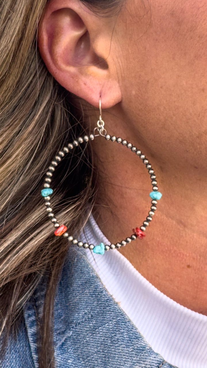 Navajo Pearl Hoop Earrings with Turquoise and Spiny Oyster