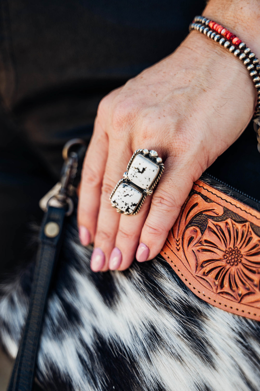 Dual Square White Buffalo Adjustable Ring