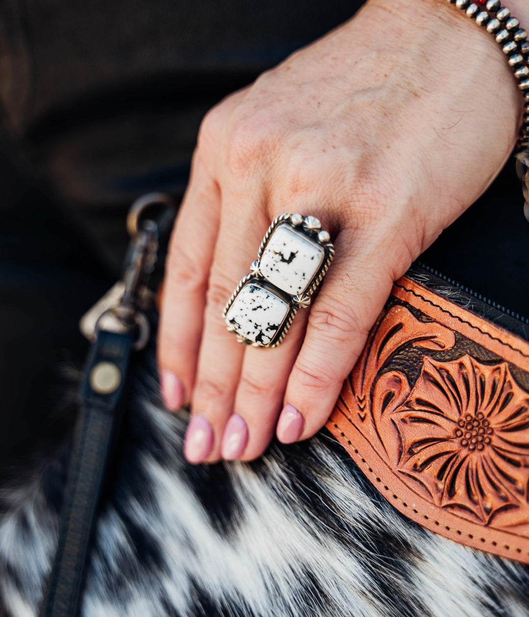 Dual Square White Buffalo Adjustable Ring