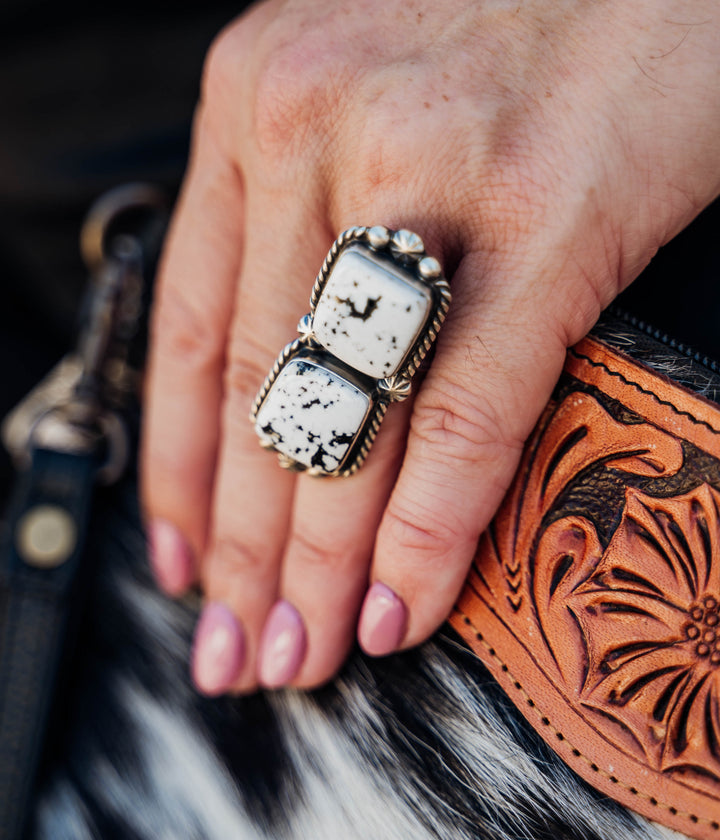 Dual Square White Buffalo Adjustable Ring