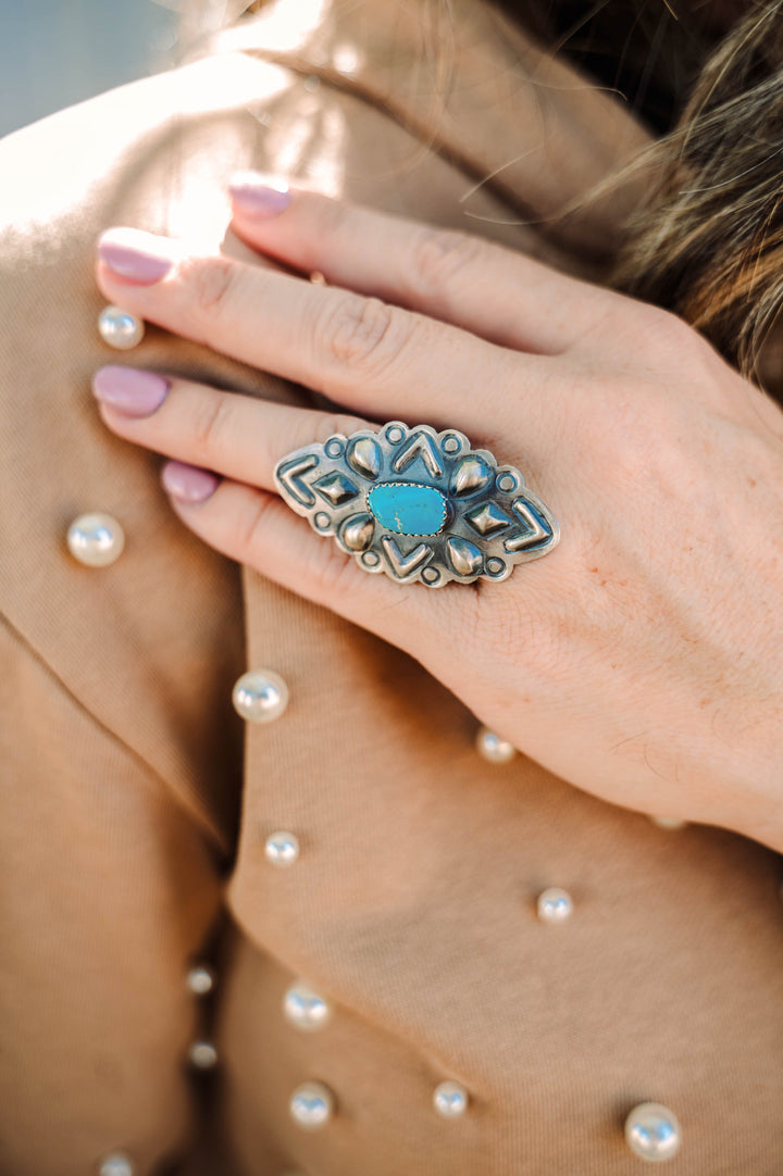 T. Yazzie Large Kingman Turquoise Ring