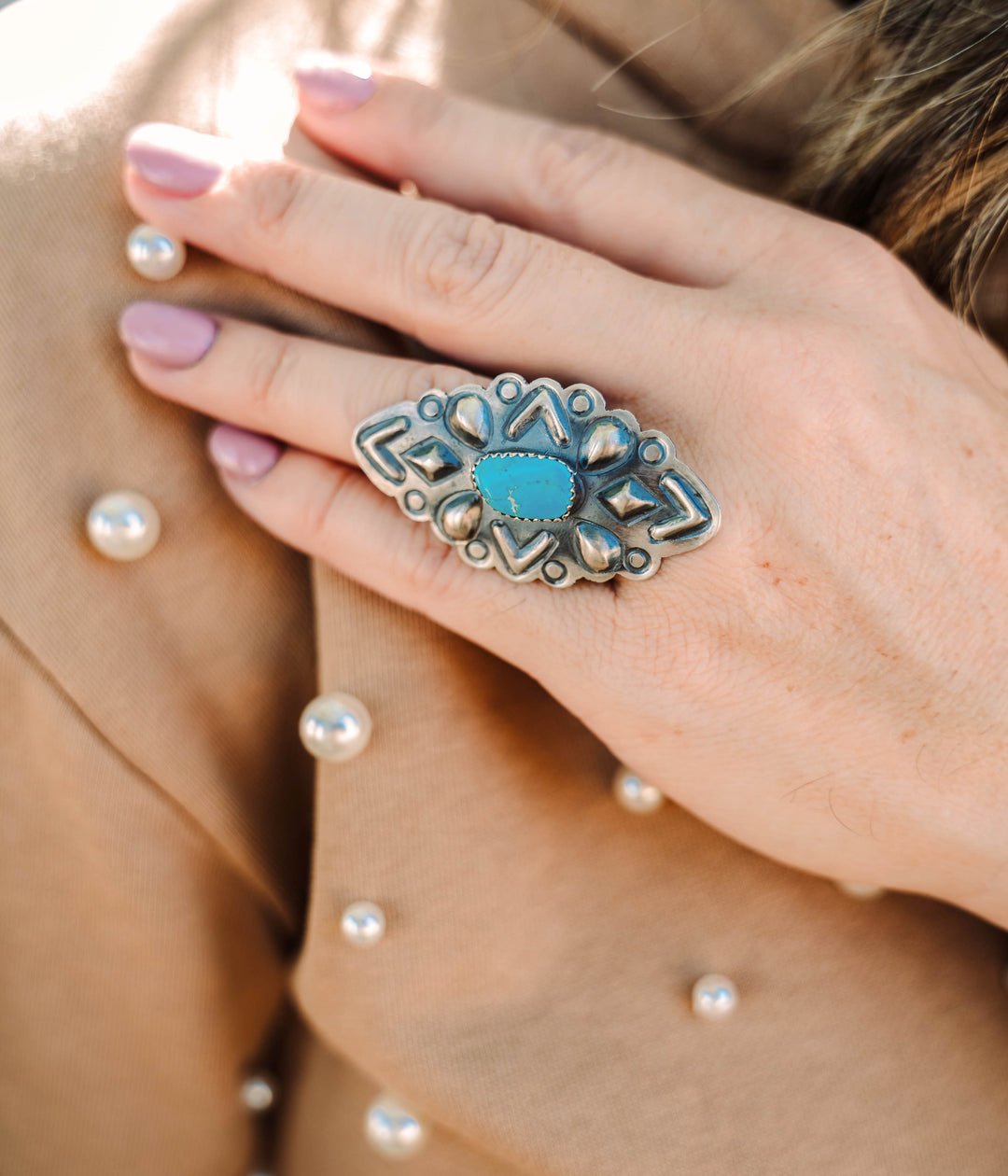 T. Yazzie Large Kingman Turquoise Ring