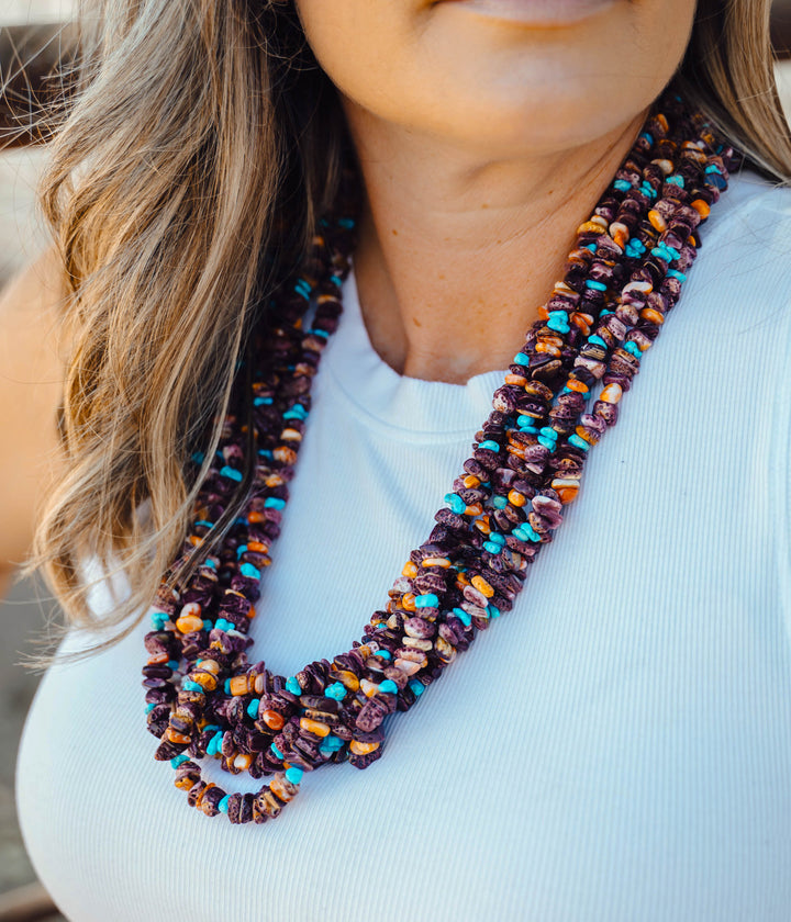 7 Strand Spiny Oyster and Turquoise Stone Necklace