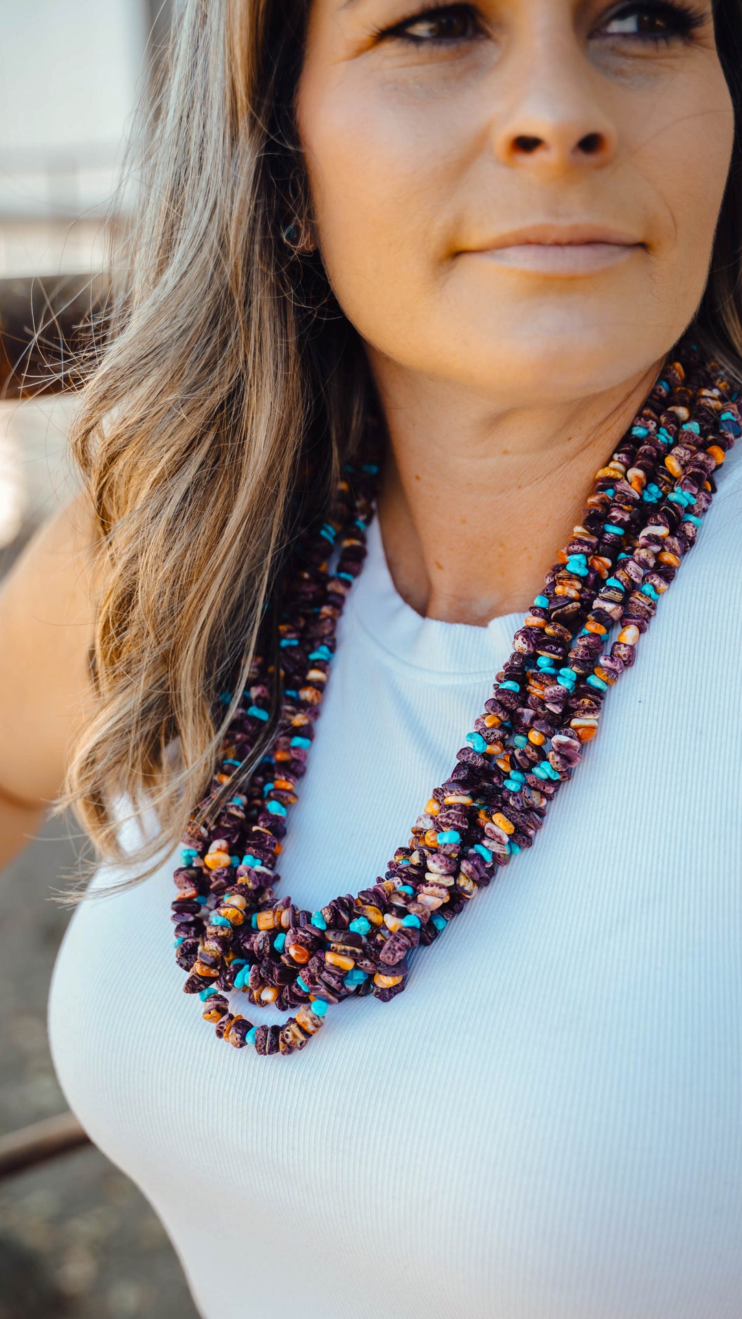 7 Strand Spiny Oyster and Turquoise Stone Necklace