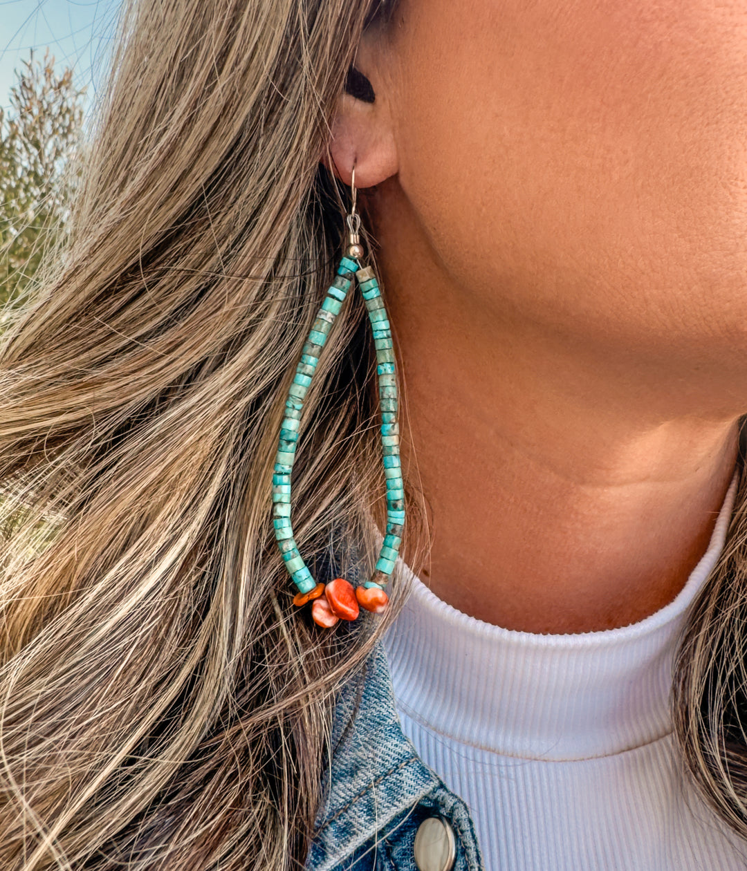 Turquoise and Spiny Oyster Long Teardrop Earrings