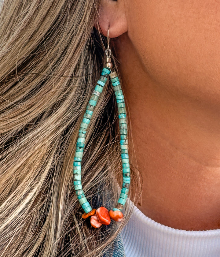 Turquoise and Spiny Oyster Long Teardrop Earrings