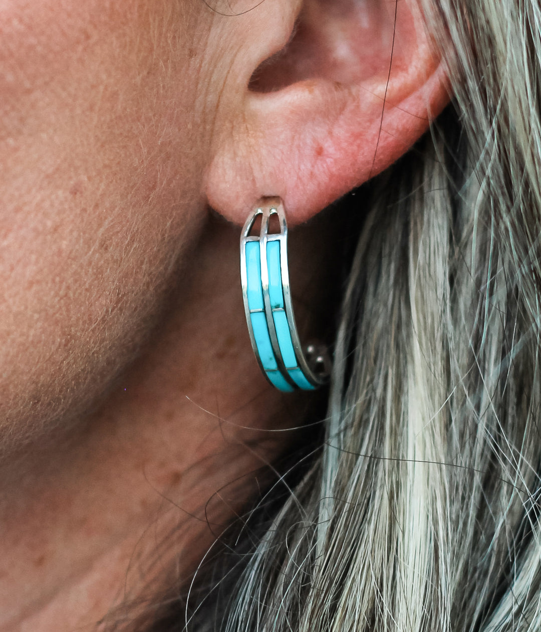 Large Genuine Turquoise Inlay Hoops