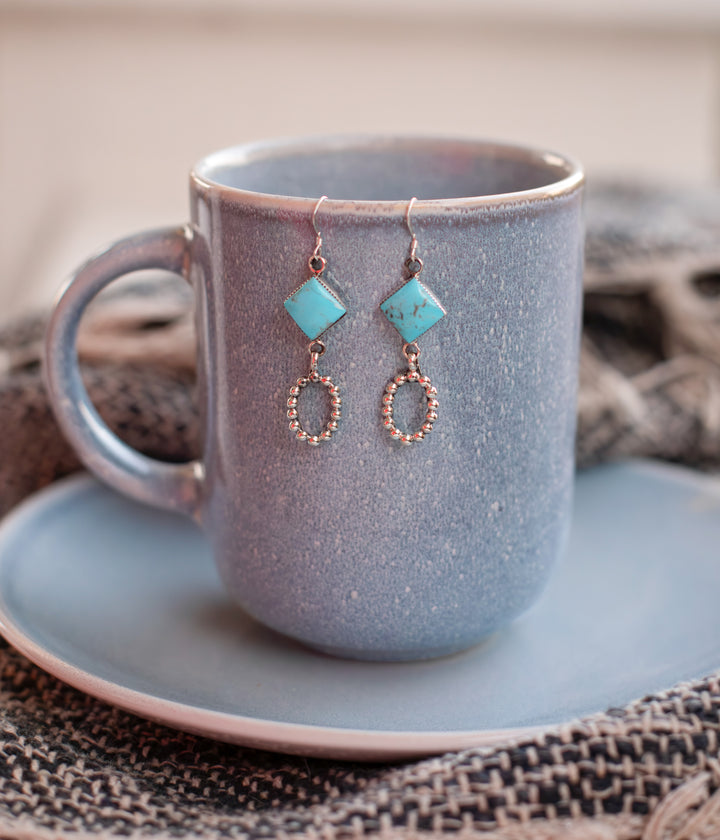 Diamond Shaped Turquoise Earrings with Navajo Pearl Accents