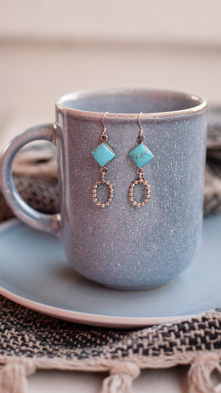 Diamond Shaped Turquoise Earrings with Navajo Pearl Accents