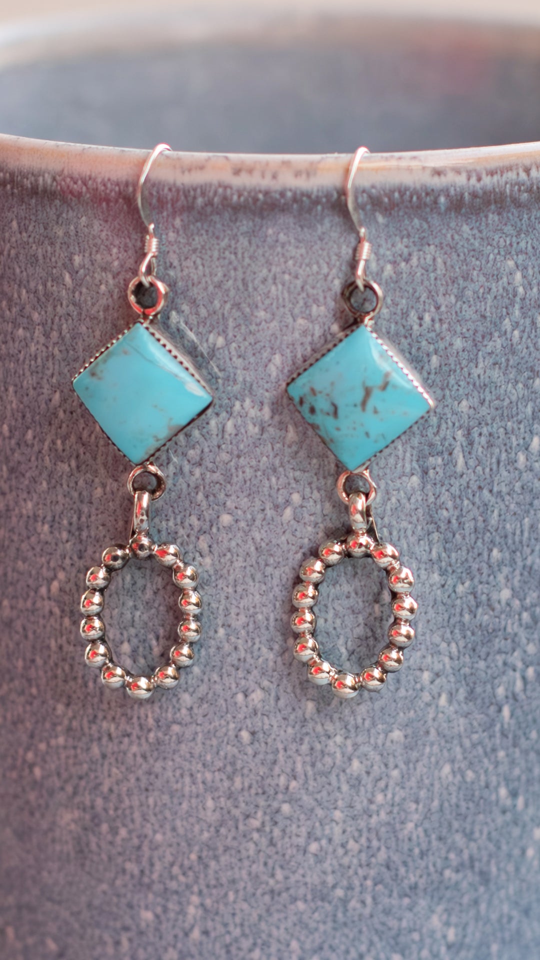 Diamond Shaped Turquoise Earrings with Navajo Pearl Accents