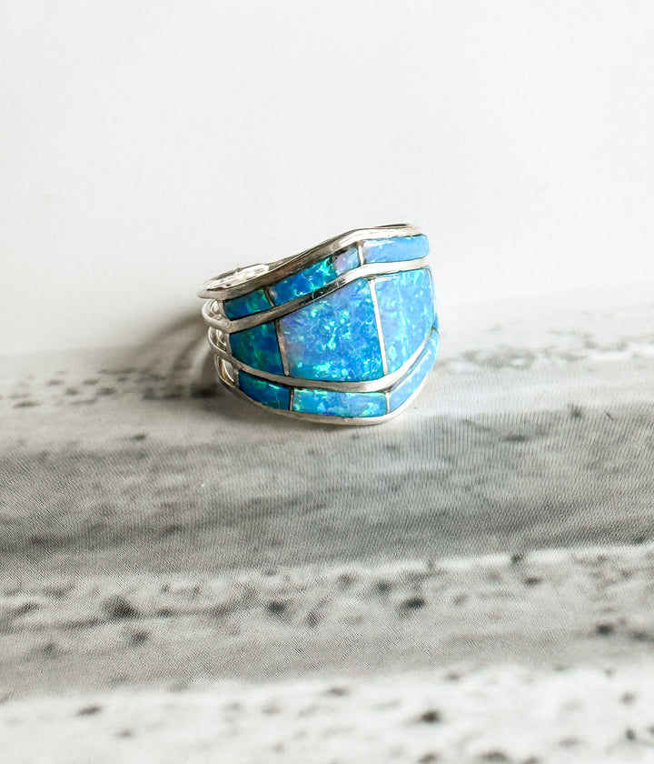 Three Row Authentic Blue Opal Ring