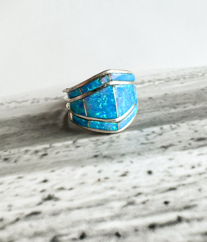 Three Row Authentic Blue Opal Ring