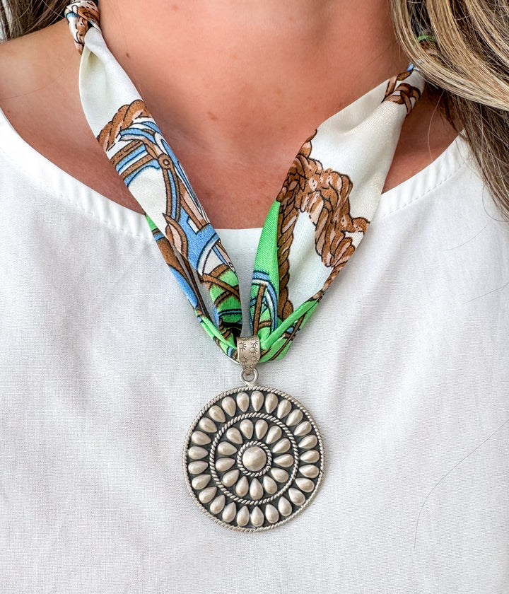 Sterling Silver Medallion Pendant on Silk Scarf Necklace