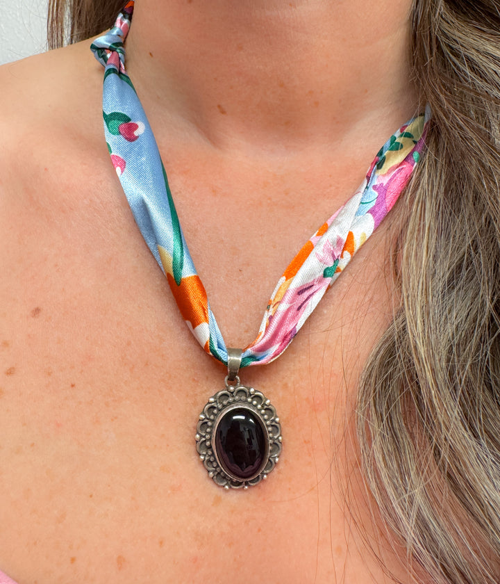 Black Onyx Pendant on Silk Scarf Necklace