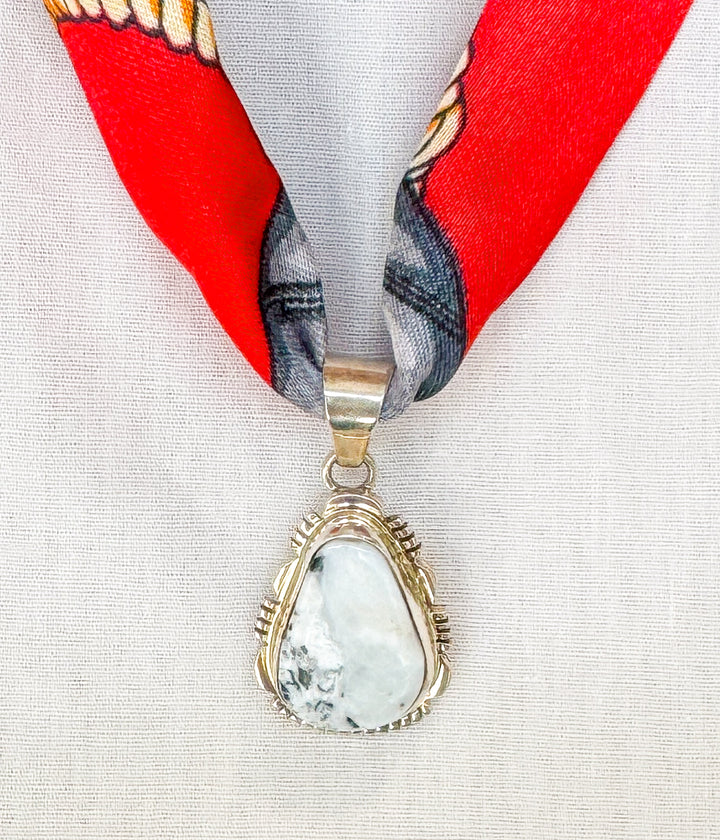 White Buffalo Pendant on Silk Scarf Necklace